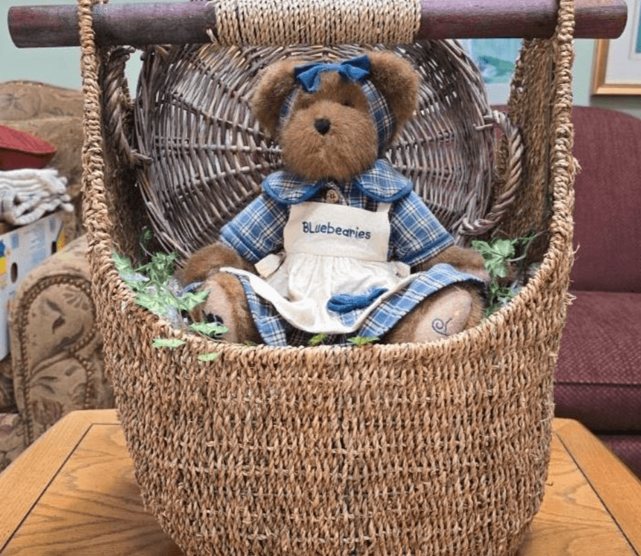Wicker Basket with Teddy Bear and Blueberry Motif
